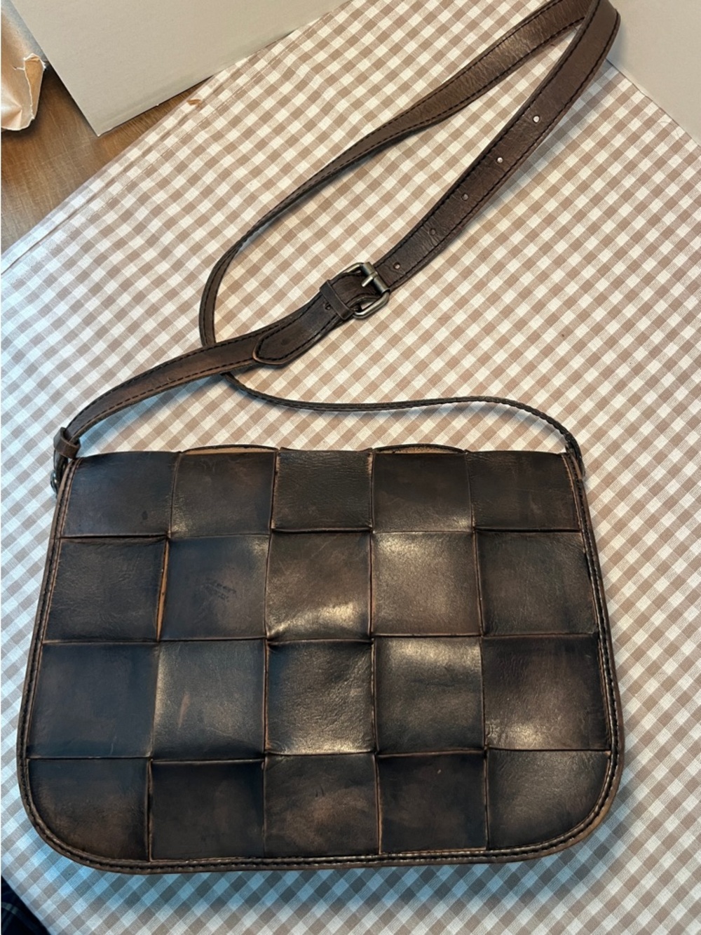 Patricia Nash Black Woven Distressed Leather Woven Leather Messenger/Cross Body